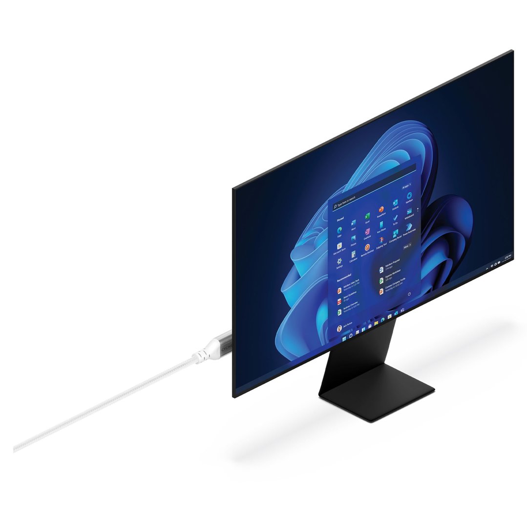 White HDMI cable connected to a monitor displaying the Windows operating system