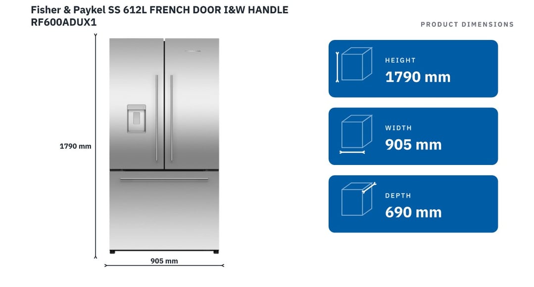 Fisher & Paykel SS 612L FRENCH DOOR I&W HANDLE RF600ADUX1 — product dimensions