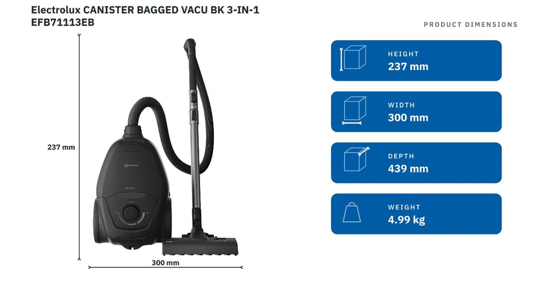 Electrolux Canister Bagged Vacuum Cleaner, Ultra Silencer Plus - Ebony Black EFB71113EB