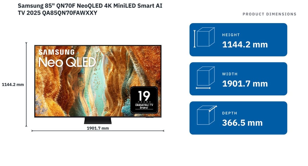 Samsung 85" QN70F NeoQLED 4K MiniLED Smart AI TV 2025 QA85QN70FAWXXY — product dimensions