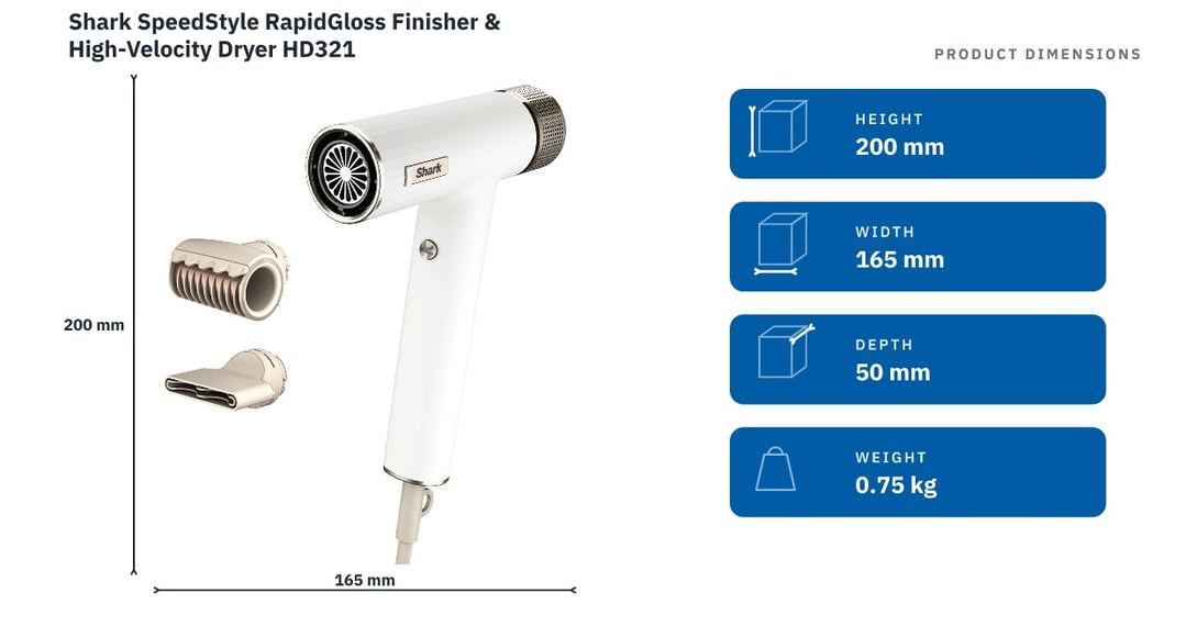 Shark SpeedStyle RapidGloss Finisher & High-Velocity Dryer HD321 — product dimensions