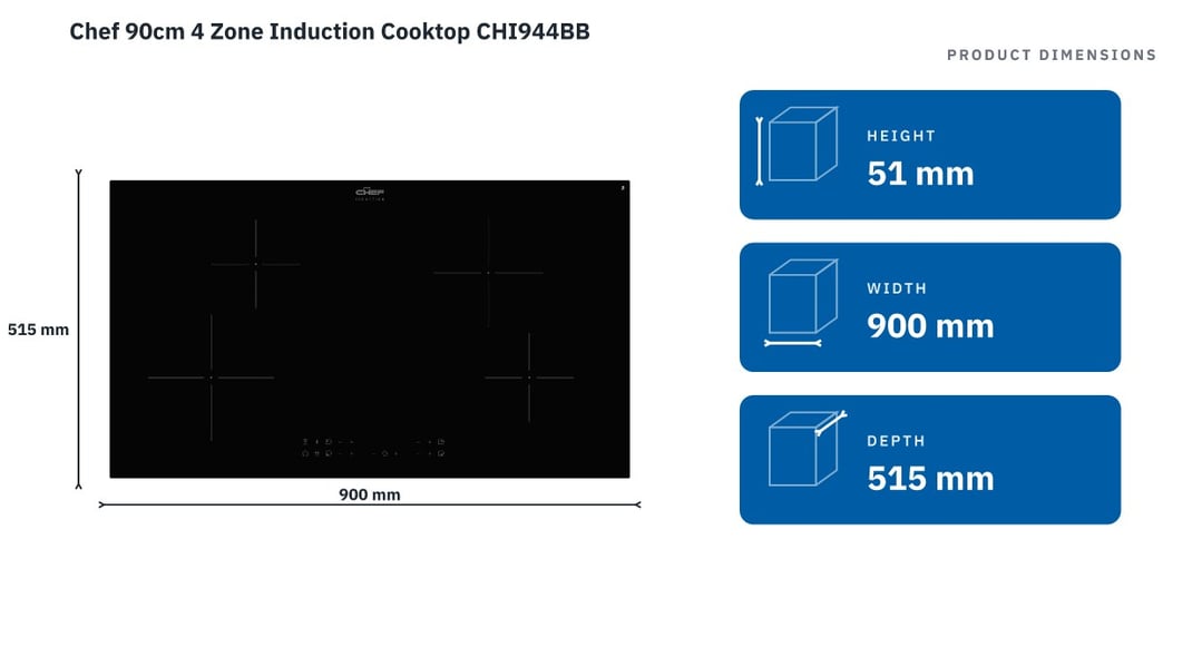 Chef 90cm 4 Zone Induction Cooktop CHI944BB — product dimensions