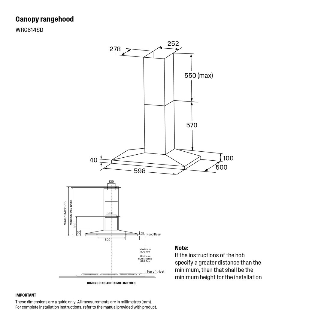 Westinghouse 60cm Canopy Rangehood Stainless Steel WRC614SD