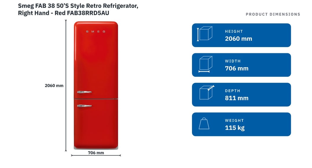 Smeg FAB 38 50’S Style Retro Refrigerator, Right Hand - Red FAB38RRD5AU