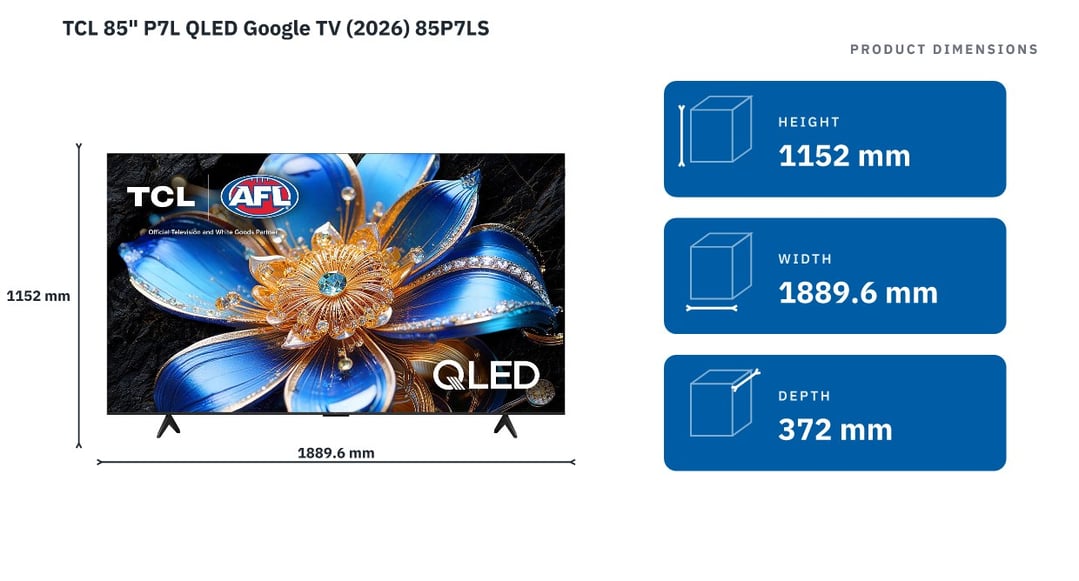 TCL 85" P7L QLED Google TV (2026) 85P7LS — product dimensions