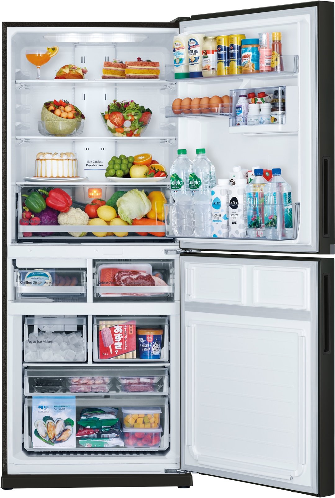 Open Mitsubishi Electric bottom mount fridge filled with food and drinks