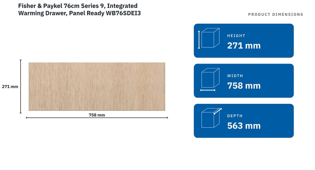 Fisher & Paykel 76cm Series 9, Integrated Warming Drawer, Panel Ready WB76SDEI3 — product dimensions