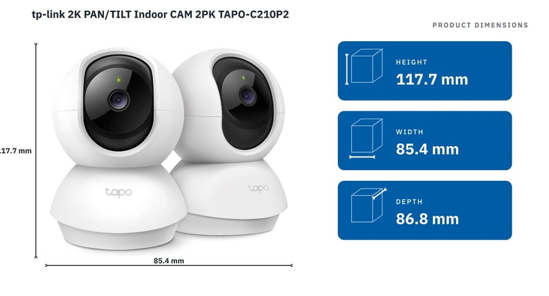 tp-link 2K PAN/TILT Indoor CAM 2PK TAPO-C210P2 — product dimensions