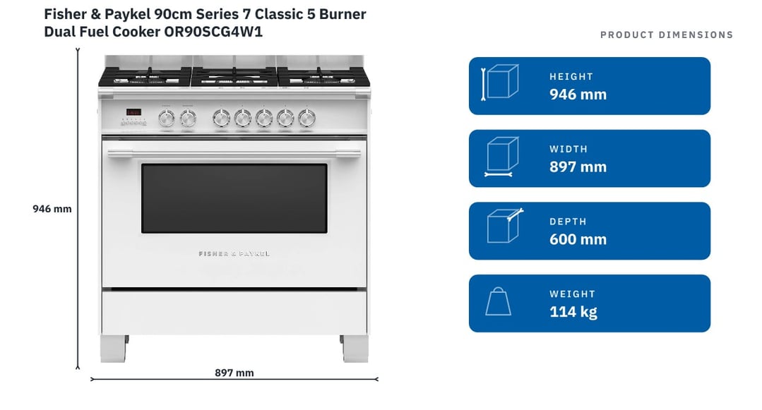Fisher & Paykel 90cm Series 7 Classic 5 Burner Dual Fuel Cooker OR90SCG4W1 — product dimensions