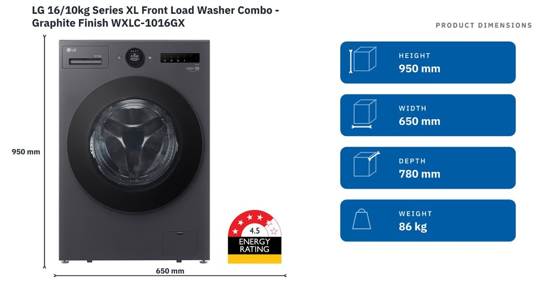 LG 16/10kg Series XL Front Load Washer Combo - Graphite Finish WXLC-1016GX