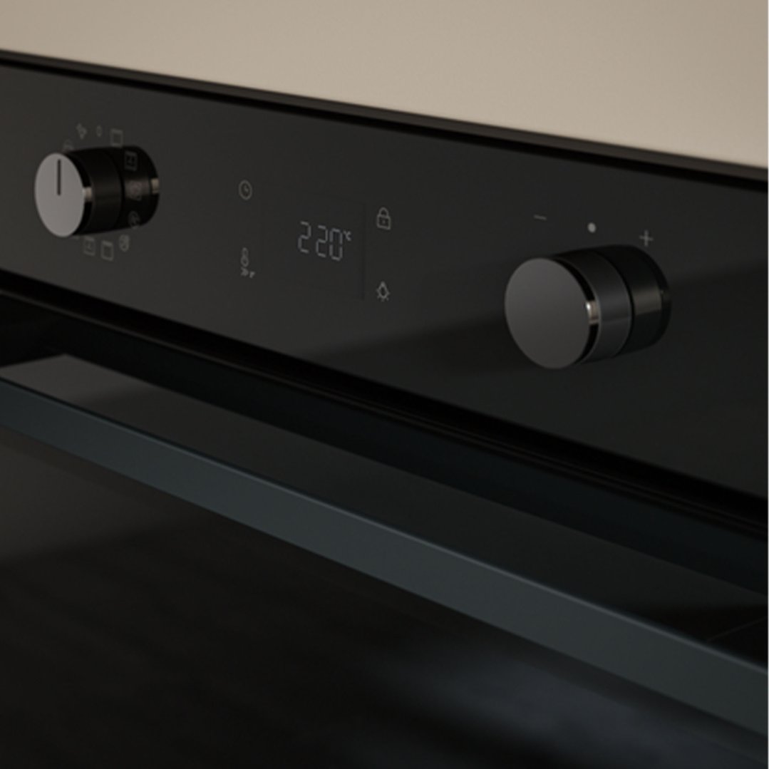 Close up of the control panel of a black built-in oven