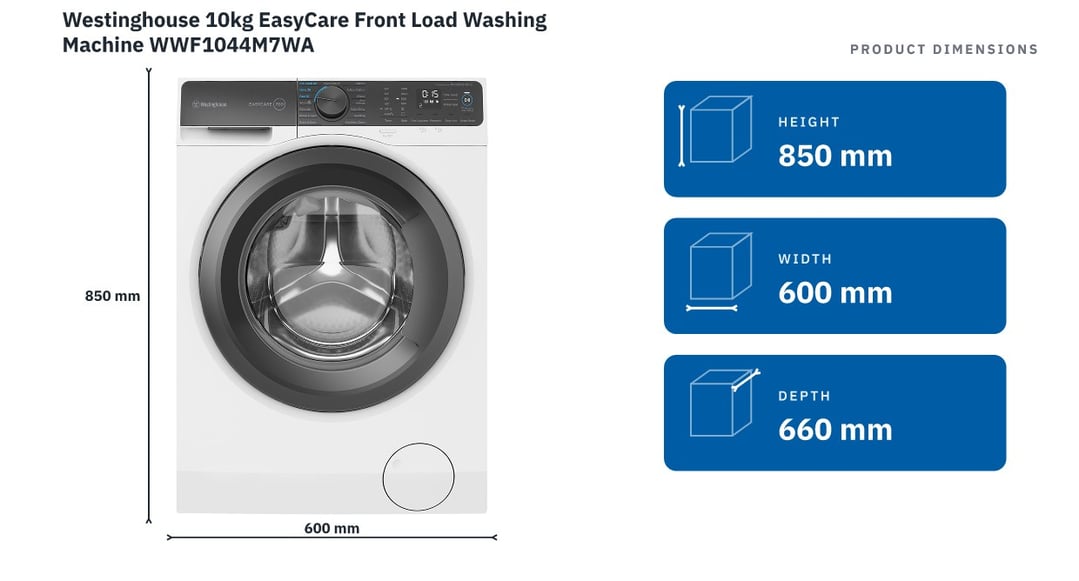 Westinghouse 10kg EasyCare Front Load Washing Machine WWF1044M7WA — product dimensions