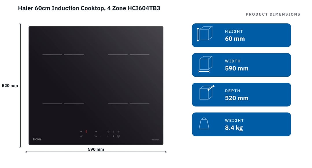 Haier 60cm Induction Cooktop, 4 Zone HCI604TB3 — product dimensions