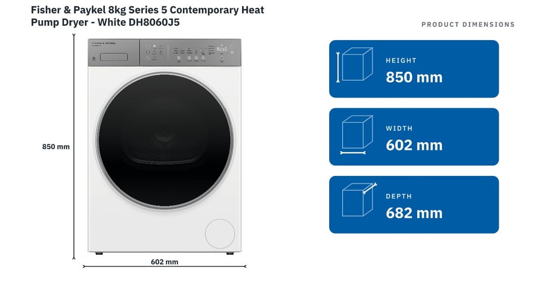 Fisher & Paykel 8kg Series 5 Contemporary Heat Pump Dryer - White DH8060J5 — product dimensions