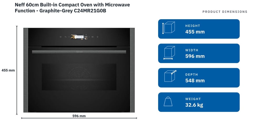 Neff 60cm Built-in Compact Oven with Microwave Function - Graphite-Grey C24MR21G0B — product dimensions