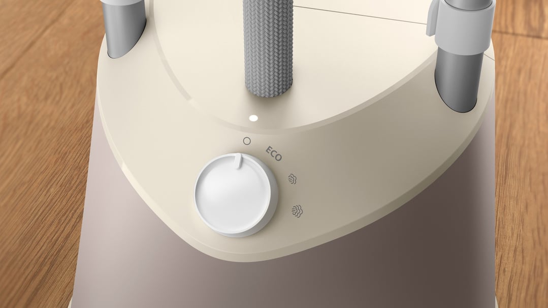 Close-up of a garment steamer's control dial with Eco setting on a wooden floor