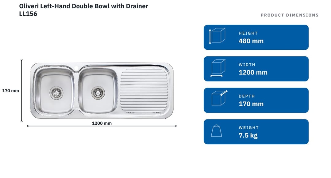 Oliveri Left-Hand Double Bowl with Drainer LL156 — product dimensions