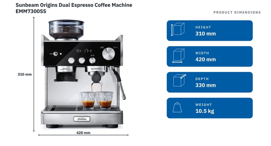 Sunbeam Origins Dual Espresso Coffee Machine EMM7300SS — product dimensions