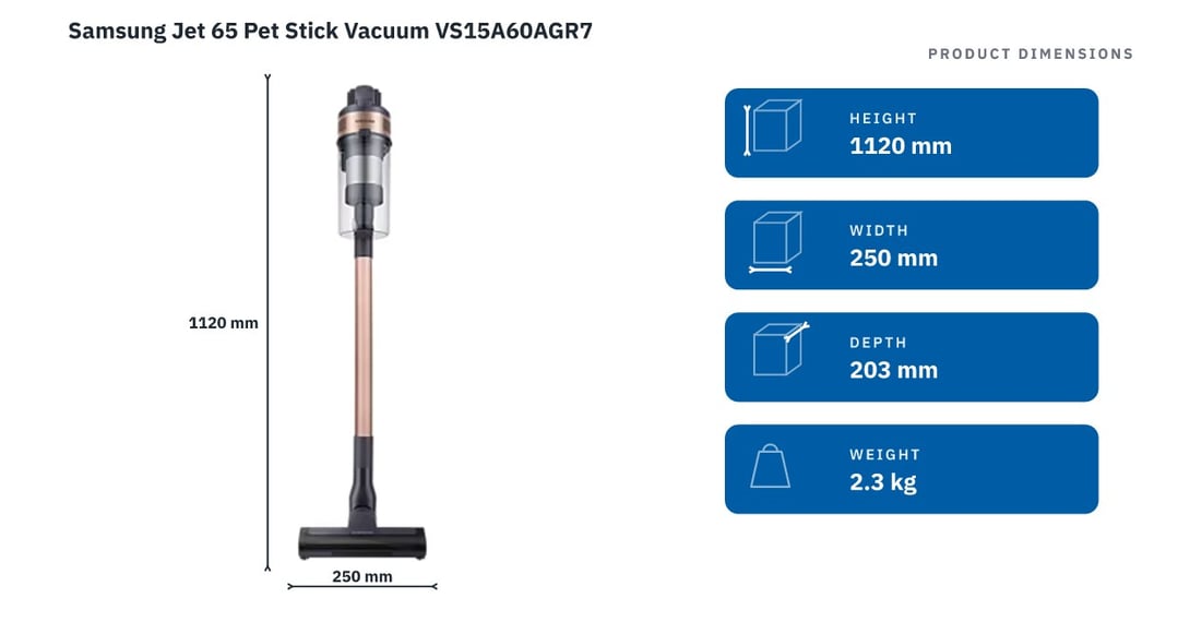 Samsung Jet 65 Pet Stick Vacuum VS15A60AGR7 — product dimensions