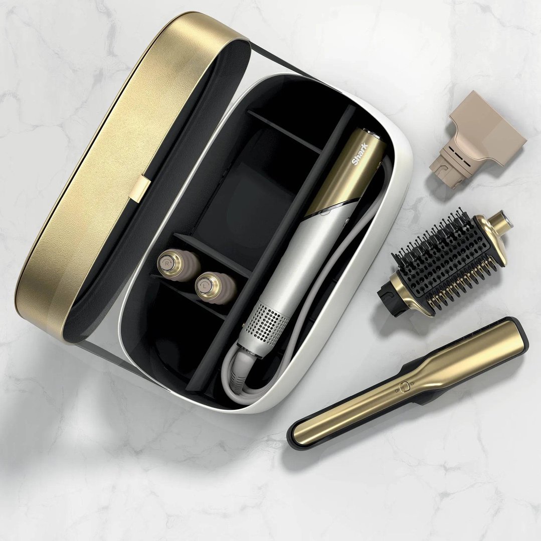Shark Glam Hot Tool Air Drying & Styling System with accessories on marble surface