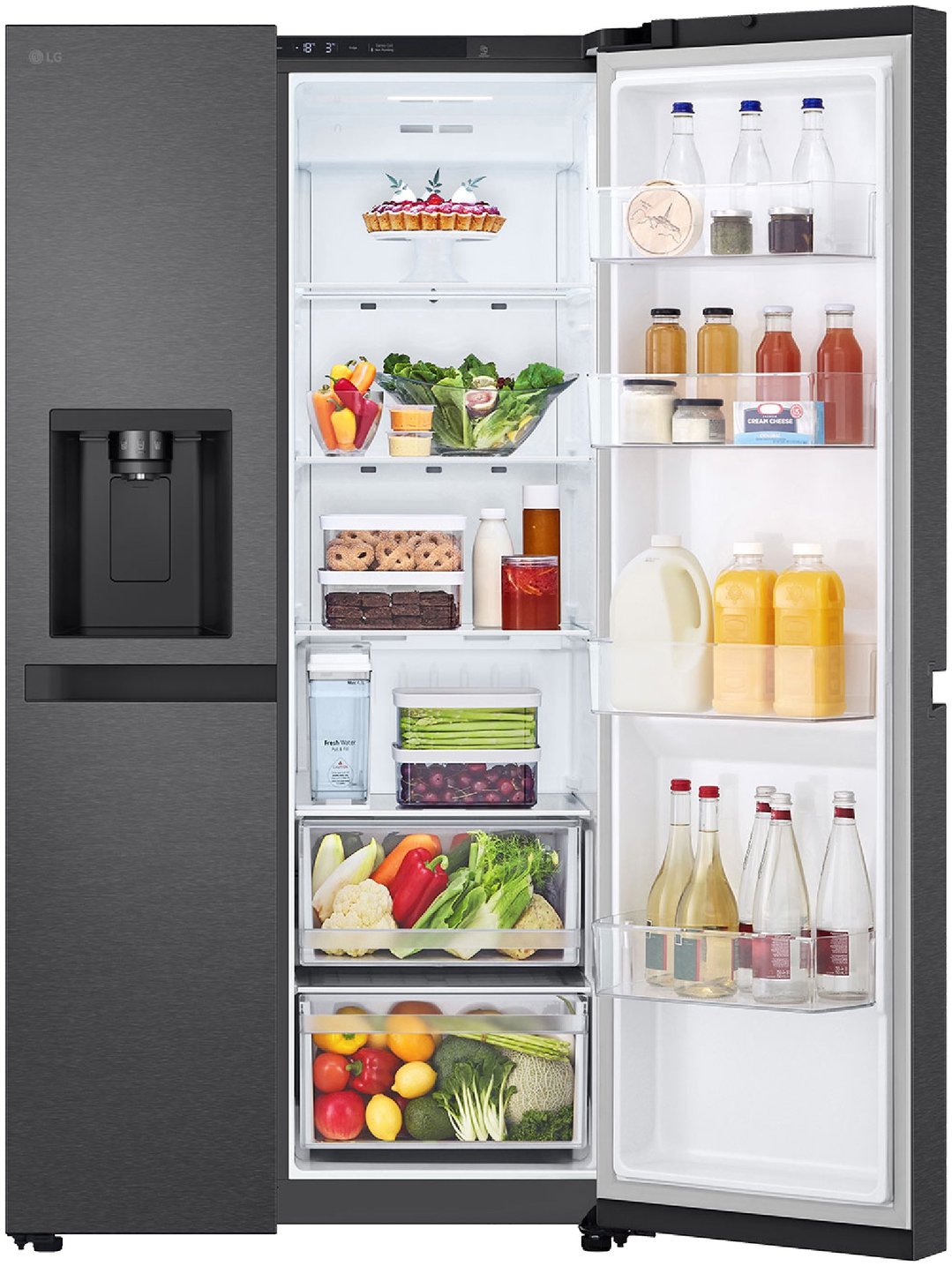 LG side by side fridge with open doors showing food and drinks inside