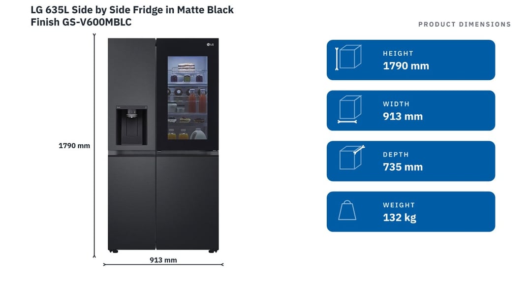 LG 635L Side by Side Fridge in Matte Black Finish GS-V600MBLC — product dimensions