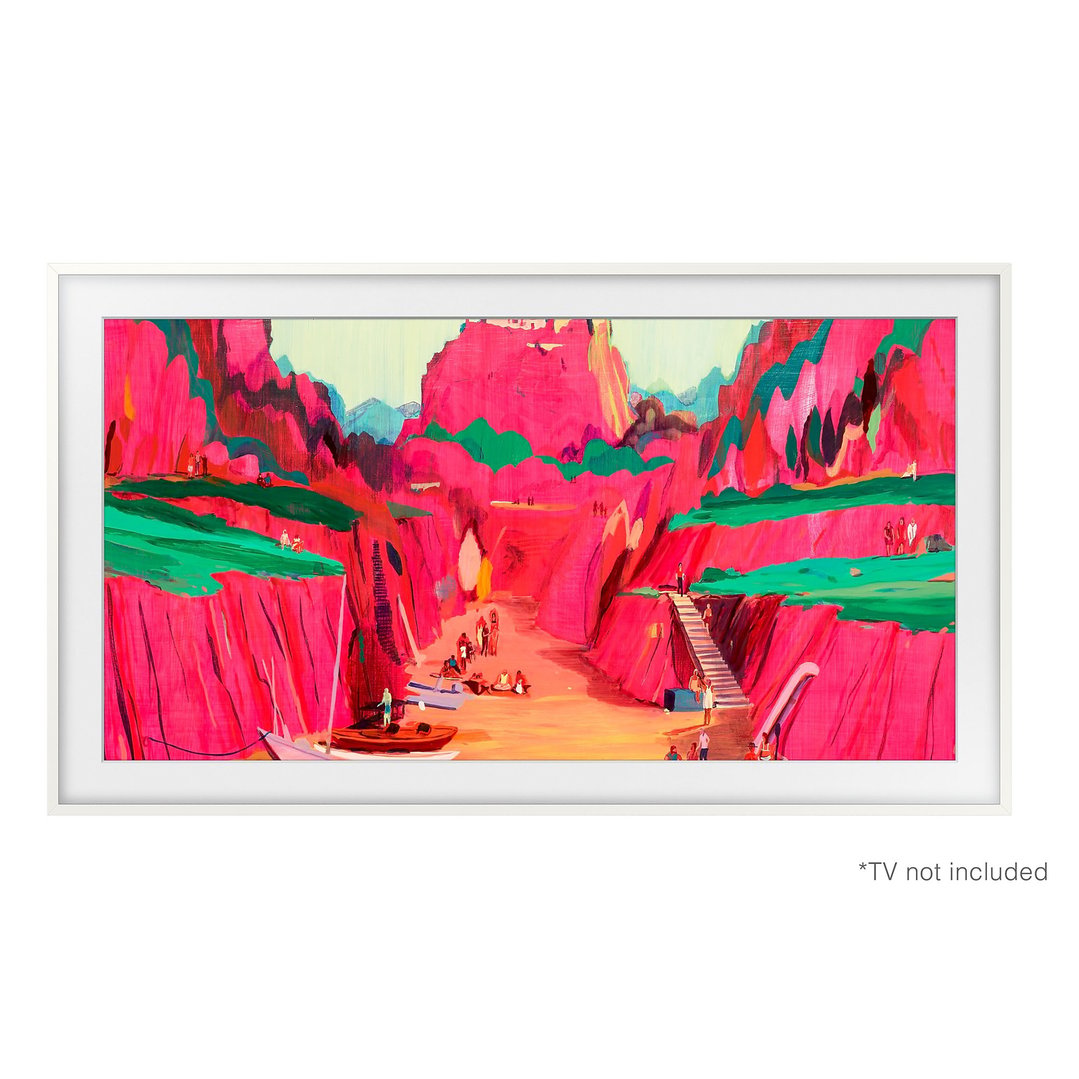A white frame for a TV displaying a colorful painting of a landscape