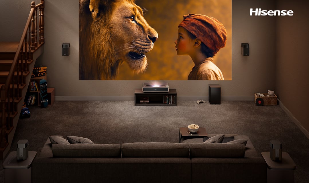 Projector displaying a movie in a home theater living room