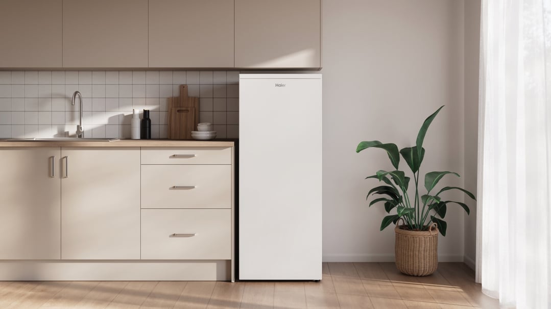 White vertical refrigerator in a modern kitchen with a plant