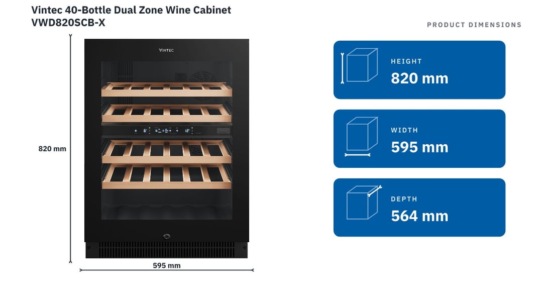 Vintec 40-Bottle Dual Zone Wine Cabinet VWD820SCB-X — product dimensions
