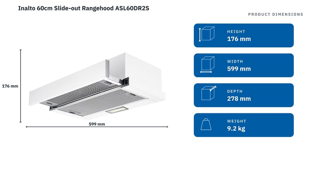 Inalto 60cm Slide-out Rangehood ASL60DR2S — product dimensions