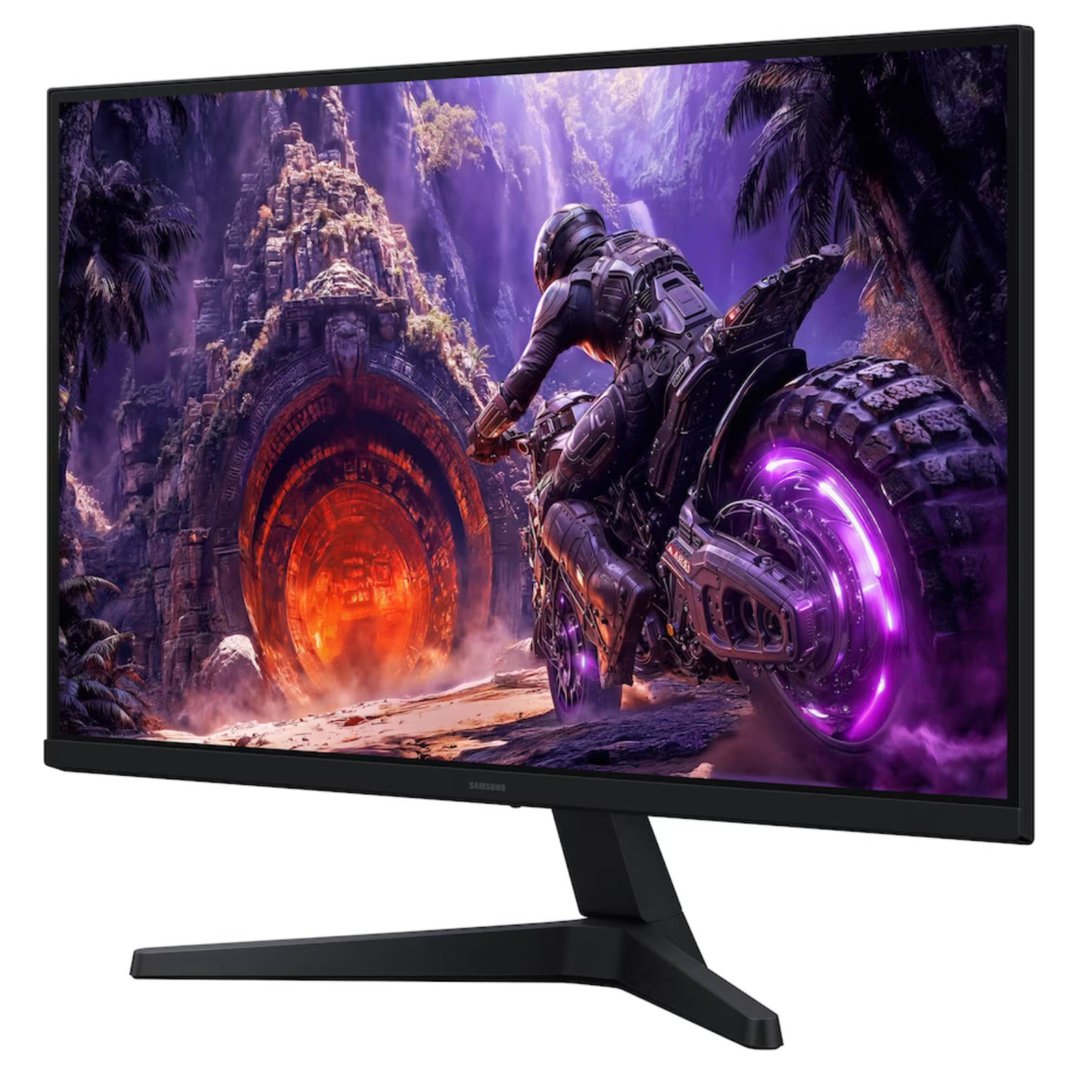 Samsung monitor displaying a video game scene with a rider on a futuristic motorcycle