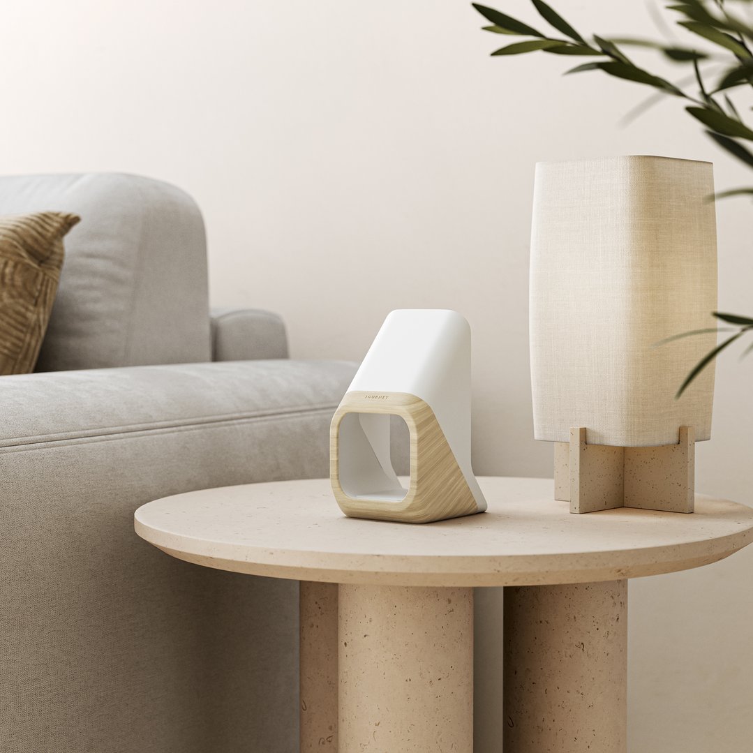 Wireless charging station with wood grain on a side table in a living room