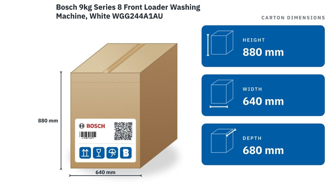 Bosch 9kg Series 8 Front Loader Washing Machine, White WGG244A1AU — packaged dimensions