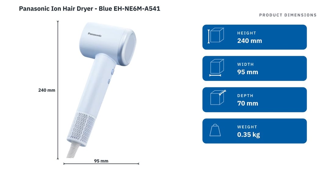 Panasonic Ion Hair Dryer - Blue EH-NE6M-A541 — product dimensions