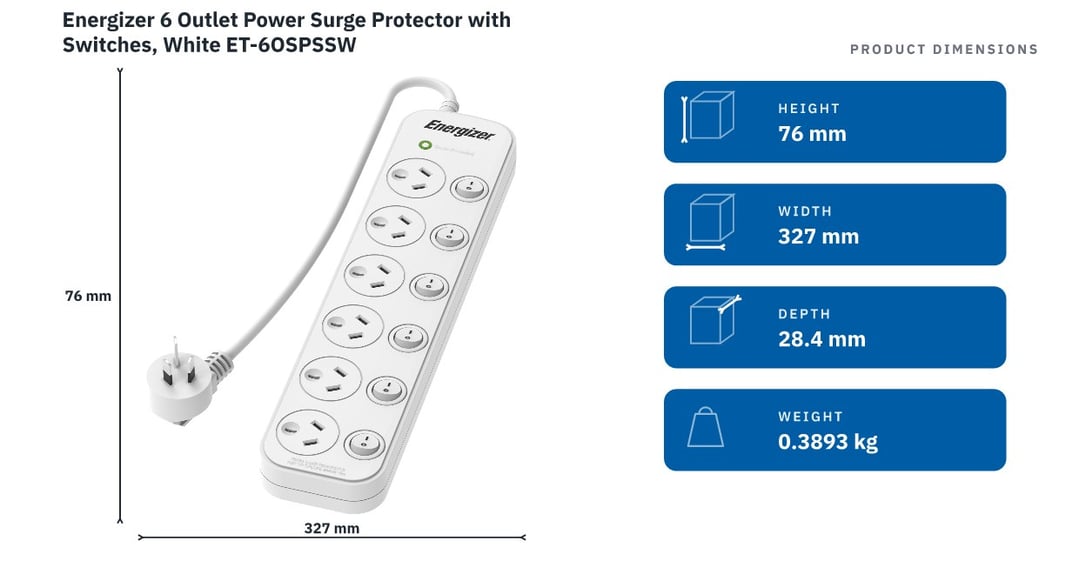 Energizer 6 Outlet Power Surge Protector with Switches, White ET-6OSPSSW