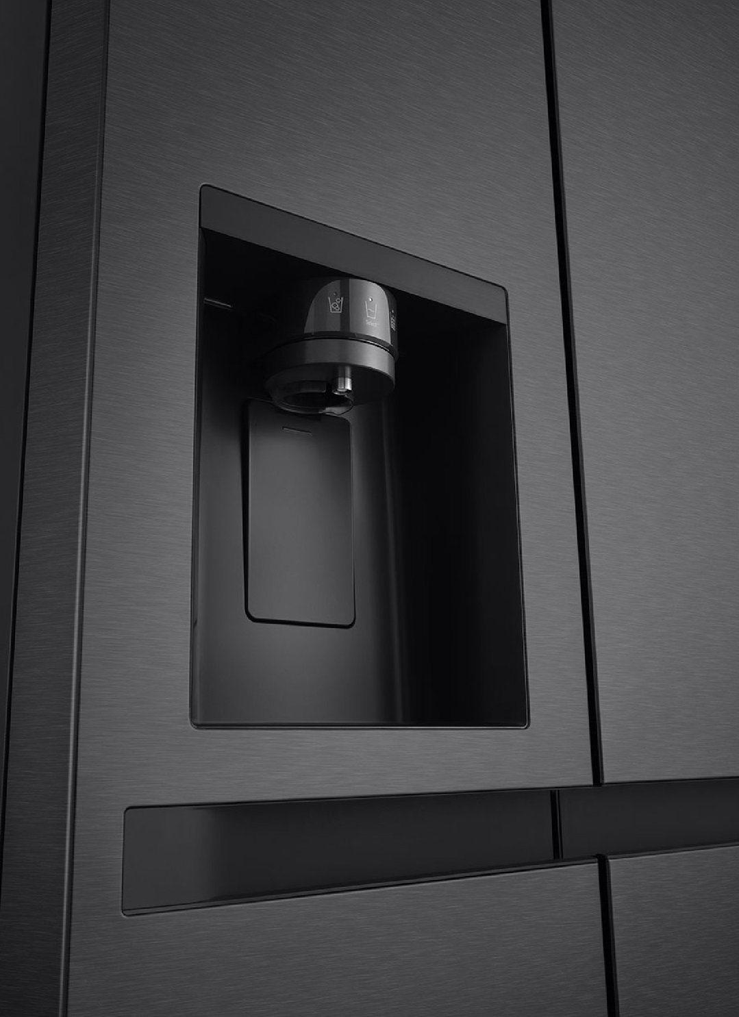 Close up of the matte black fridge's water and ice dispenser