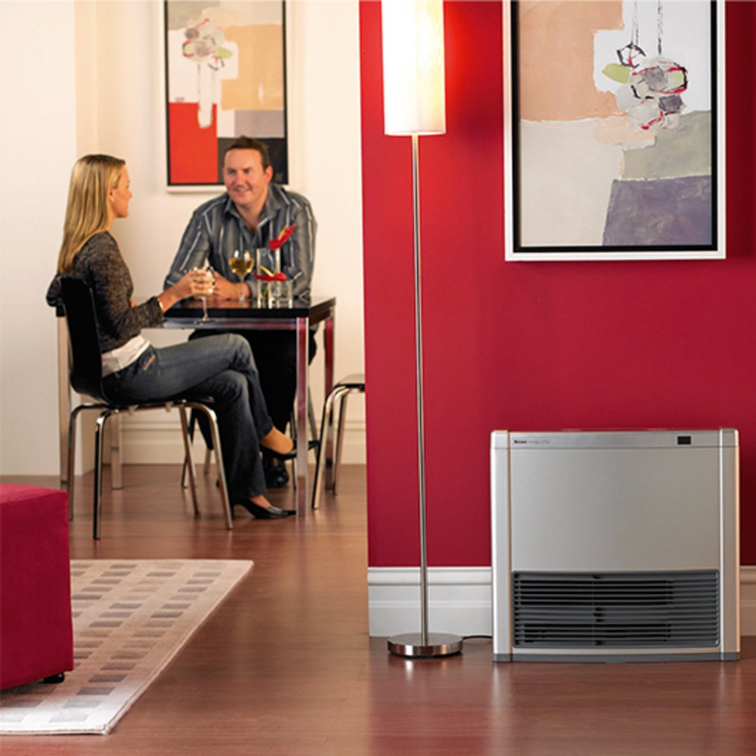 Rinnai heater in a living room with a couple sitting at a table