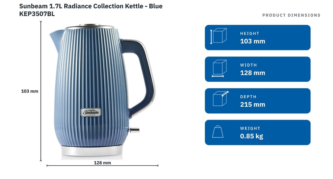 Sunbeam 1.7L Radiance Collection Kettle - Blue KEP3507BL — product dimensions