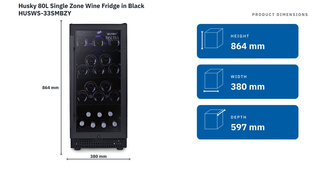 Husky 80L Single Zone Wine Fridge in Black HUSWS-33SMBZY — product dimensions