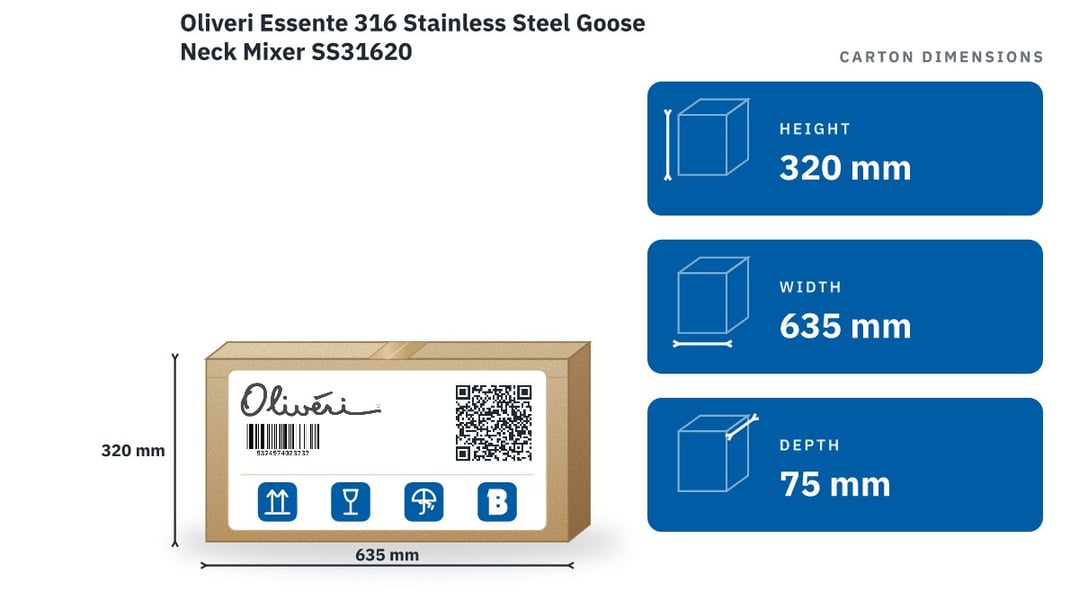Oliveri Essente 316 Stainless Steel Goose Neck Mixer SS31620 — packaged dimensions