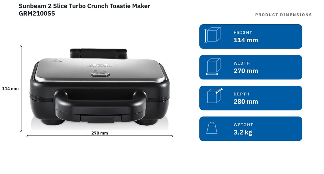 Sunbeam 2 Slice Turbo Crunch Toastie Maker GRM2100SS — product dimensions