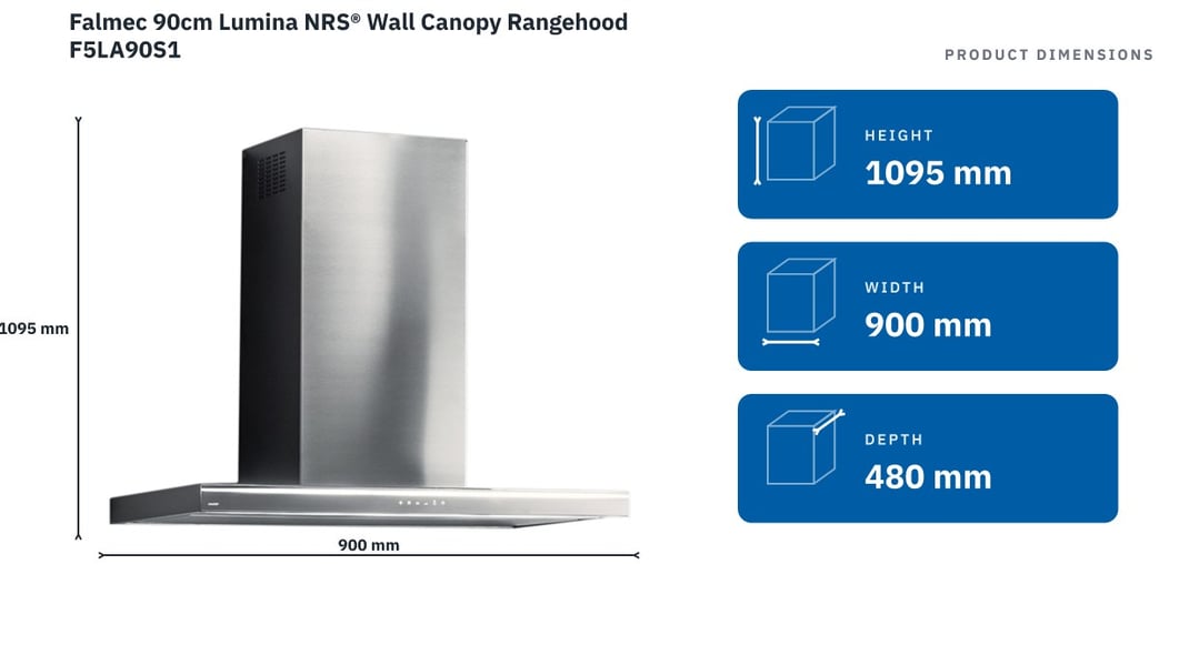 Falmec 90cm Lumina NRS® Wall Canopy Rangehood F5LA90S1 — product dimensions