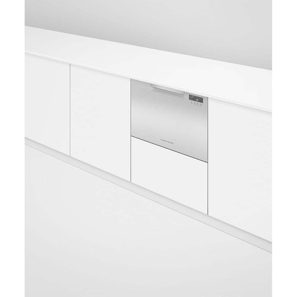 Stainless steel Single DishDrawer Dishwasher integrated into a white kitchen cabinet