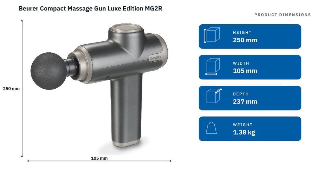 Beurer Compact Massage Gun Luxe Edition MG2R — product dimensions