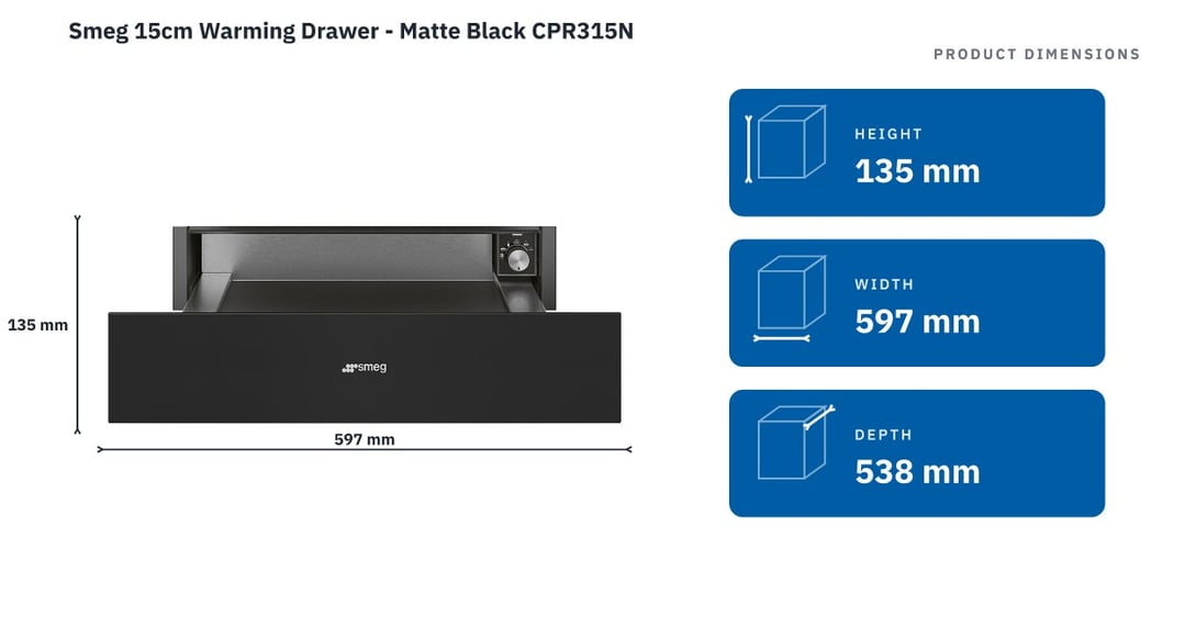 Smeg 15cm Warming Drawer - Matte Black CPR315N — product dimensions
