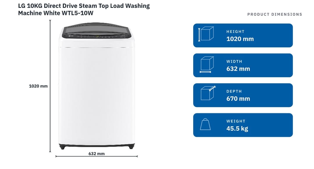 LG 10KG Direct Drive Steam Top Load Washing Machine White WTL5-10W