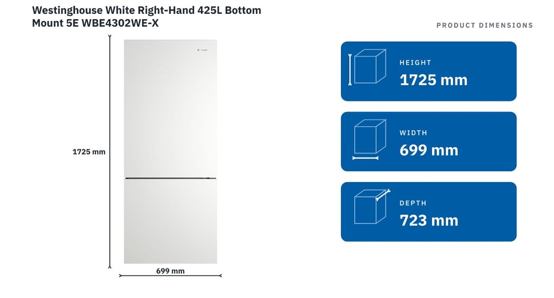 Westinghouse White Right-Hand 425L Bottom Mount 5E WBE4302WE-X — product dimensions