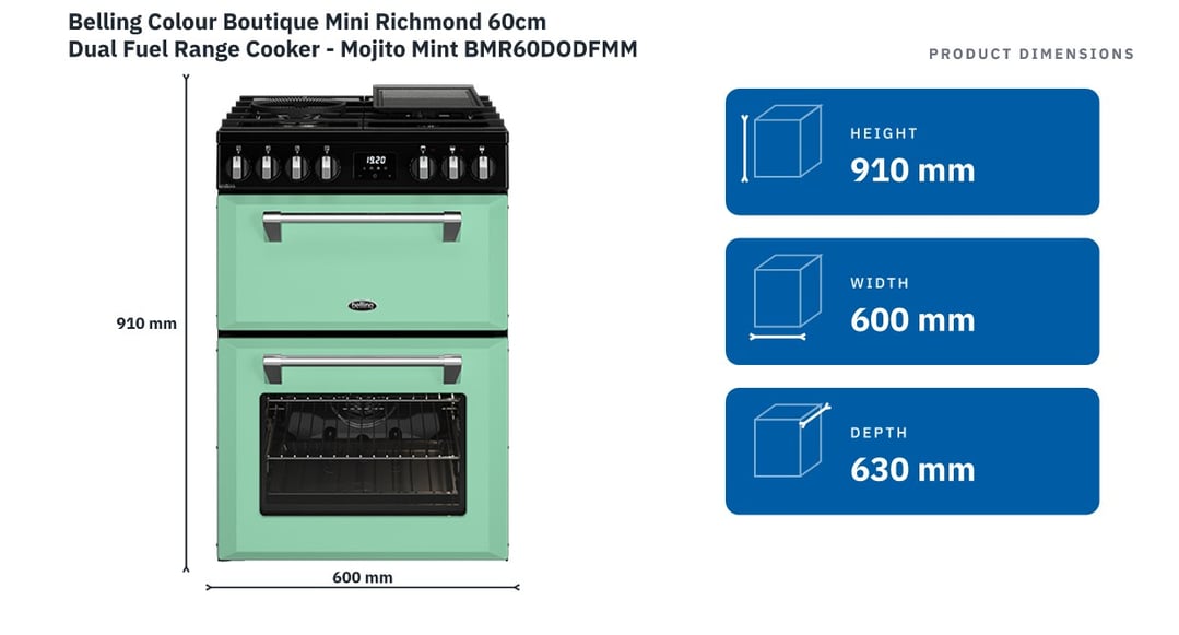 Belling Colour Boutique Mini Richmond 60cm Dual Fuel Range Cooker - Mojito Mint BMR60DODFMM — product dimensions