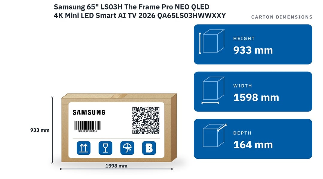 Samsung 65" LS03H The Frame Pro NEO QLED 4K Mini LED Smart AI TV 2026 QA65LS03HWWXXY — packaged dimensions